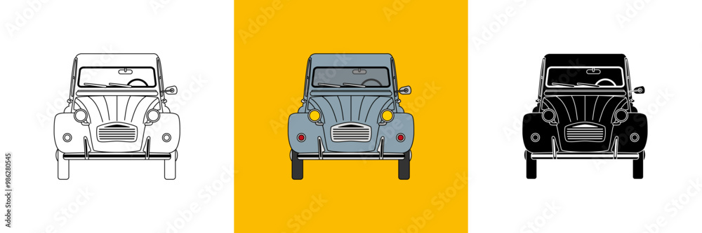3 versions de la voiture vintage française : la 2CV - couleur grise, contour noir et silhouette noire.
