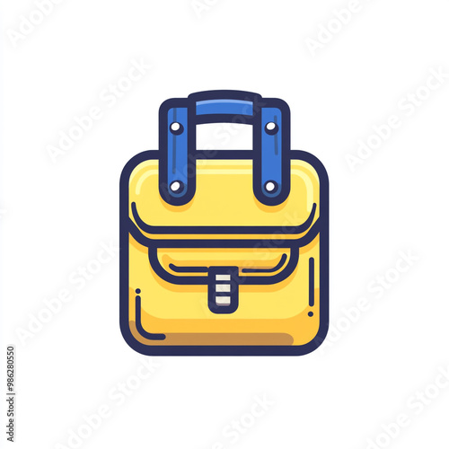 A simple yellow backpack icon with blue accents in a simple line art style with a simple design. Isolated on a white background. 