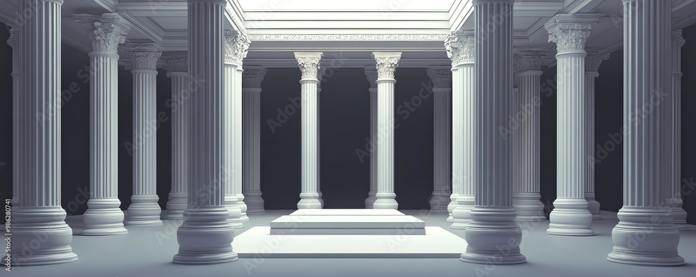 Obraz premium Elegant architectural scene featuring classical columns and pillars, bathed in soft light, creating a timeless and refined ambiance.
