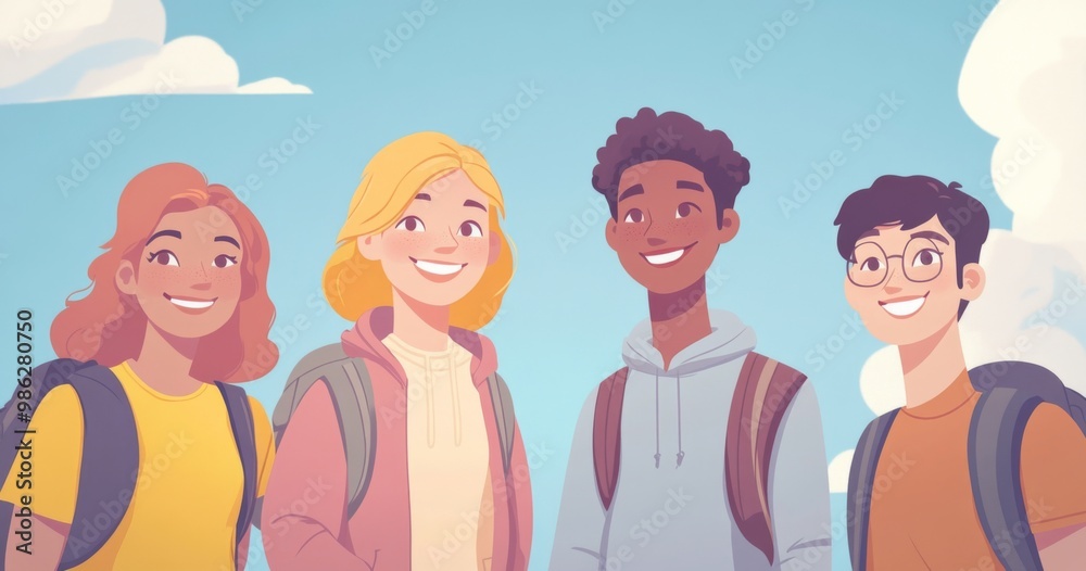 Three Friends Taking a Selfie with Smiling Faces in a Cartoon Style, Surrounded by a Colorful Concept Art Background Three Friends Taking a Selfie with Smiling Faces in a Cartoon Style, Surrounded by a Colorful Concept Art Background