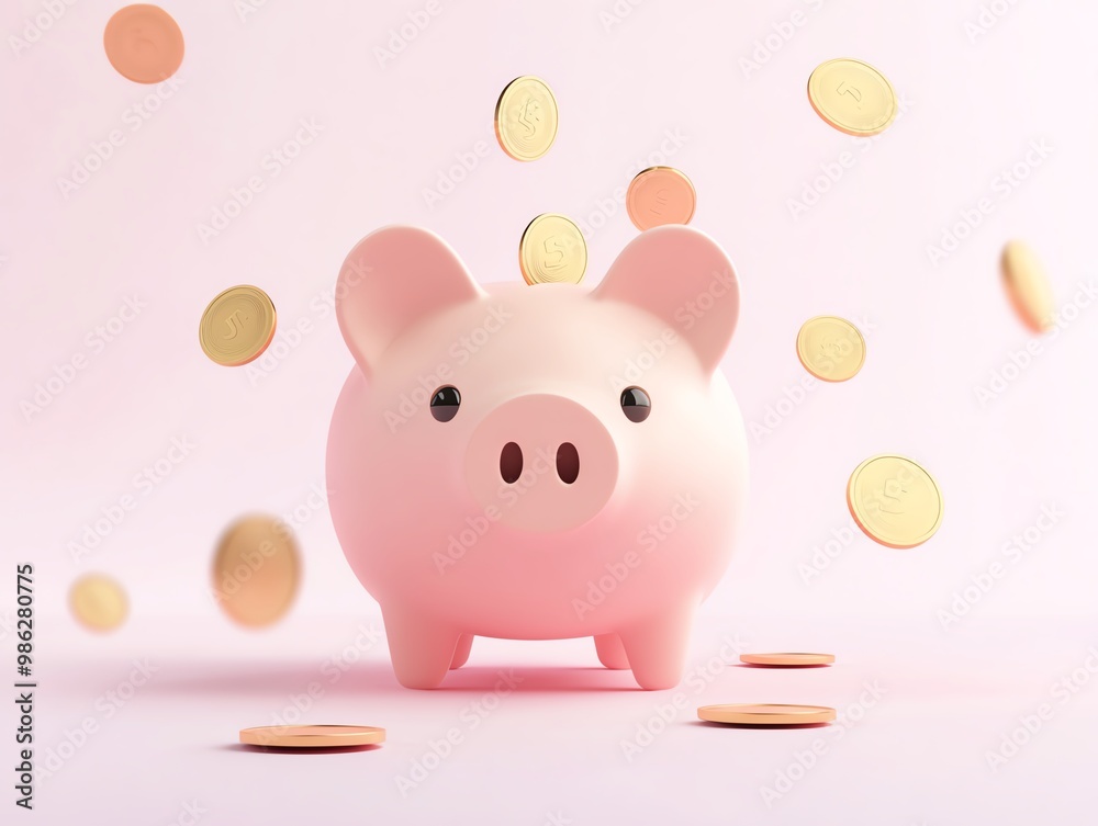 Pink piggy bank with coins falling around, symbolizing savings and financial growth. Soft pastel background. Pink piggy bank with coins falling around, symbolizing savings and financial growth. Soft pastel background.