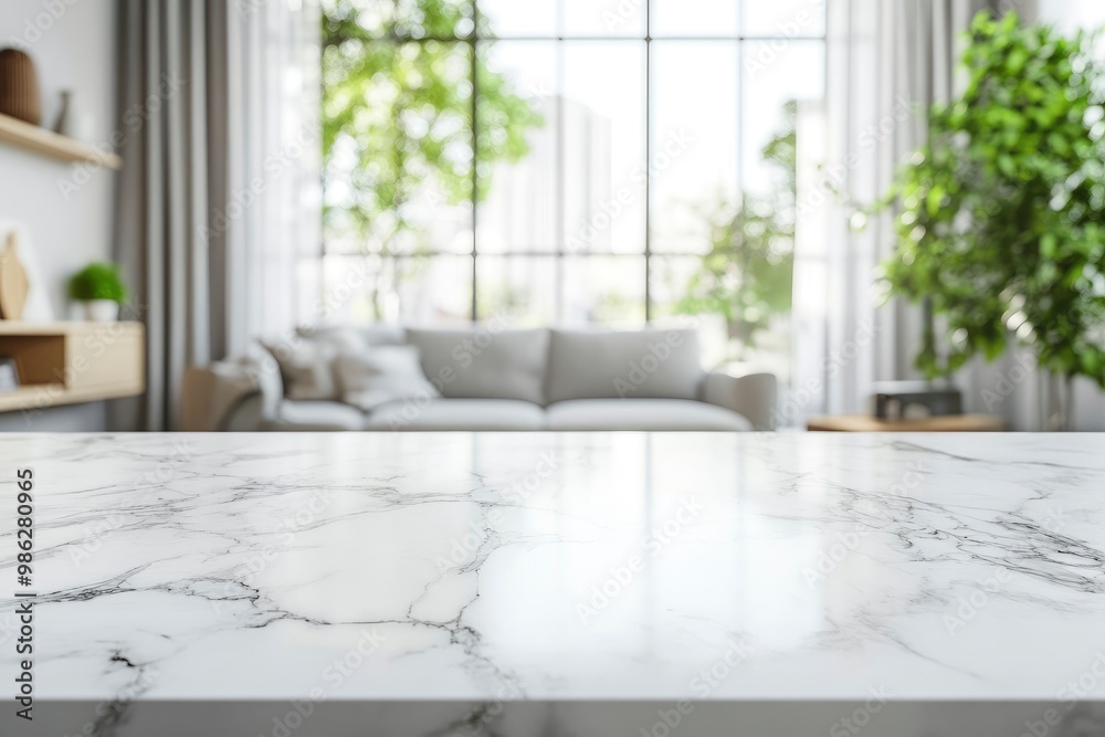 Fototapeta premium White marble kitchen tabletop or kitchen island with copy space over blurred comfortable living room with generative ai