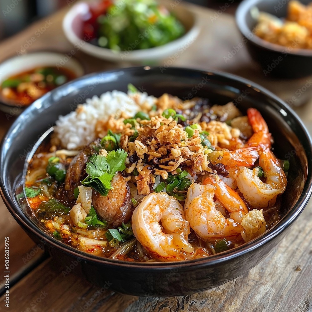 A bowl of food with shrimp and rice. The bowl is black and the food is colorful. The bowl is on a wooden table