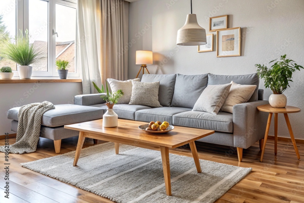 Fototapeta premium Interior of light living room with cozy grey sofa and wooden coffee table