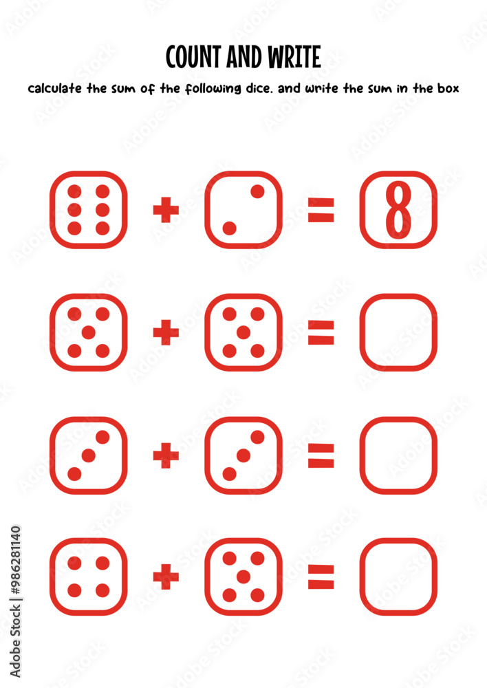 Children's worksheets for learning simple addition with colorful dice illustrations Children's worksheets for learning simple addition with colorful dice illustrations