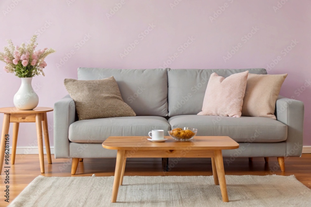 Fototapeta premium Interior of light living room with cozy grey sofa and wooden coffee table
