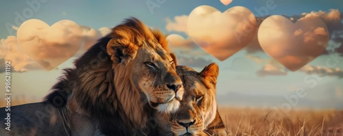 A lioness resting her head on a lion s chest, with heart-shaped clouds above them in the golden savannah sky, soft romantic lighting photo