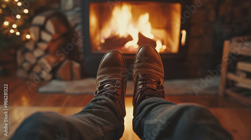 sneakered feet up in front of fireplace photo