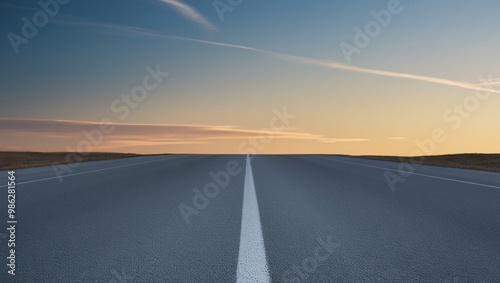 Endless road stretching to the horizon flanked by grassy plains, under a gradient sky of deep blue to golden hues, creating a serene atmosphere, generative ai