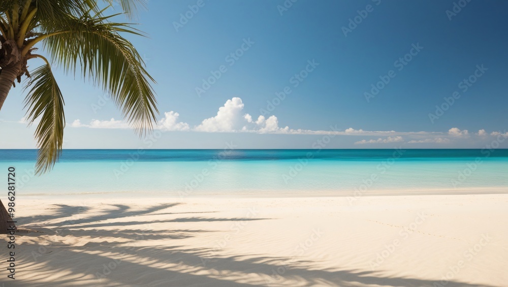 Pristine tropical beach with turquoise ocean, clear blue sky, and palm tree shadow on white sand, evoking tranquility and a perfect beach day, generative ai Pristine tropical beach with turquoise ocean, clear blue sky, and palm tree shadow on white sand, evoking tranquility and a perfect beach day, generative ai
