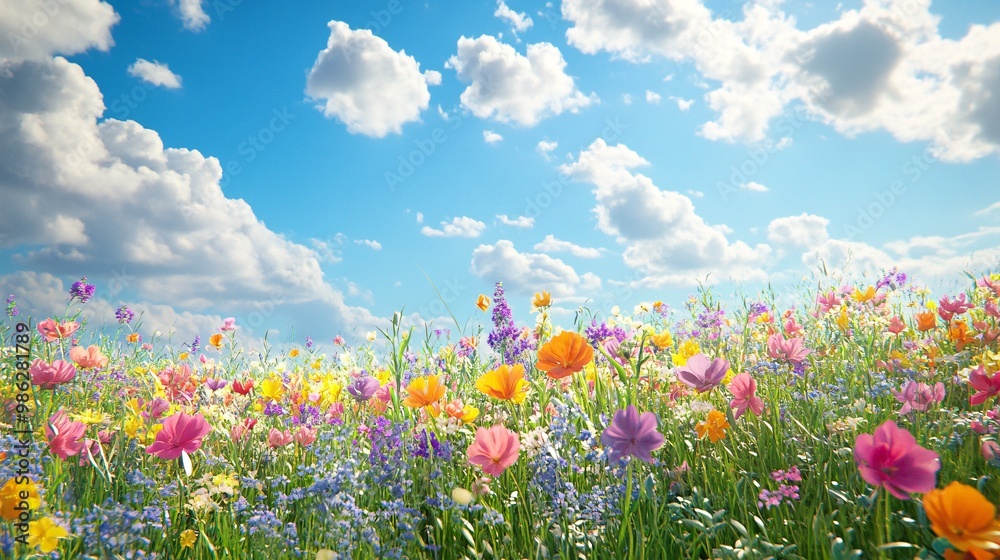 Colorful Wildflowers Meadow in Summer with Blue Sky and Clouds