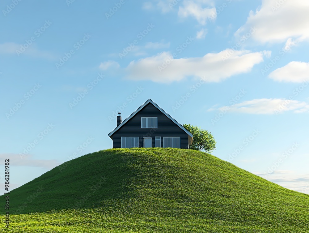 Scenic view of a modern house atop a lush green hill against a clear blue sky with scattered clouds, symbolizing serenity and solitude. Scenic view of a modern house atop a lush green hill against a clear blue sky with scattered clouds, symbolizing serenity and solitude.
