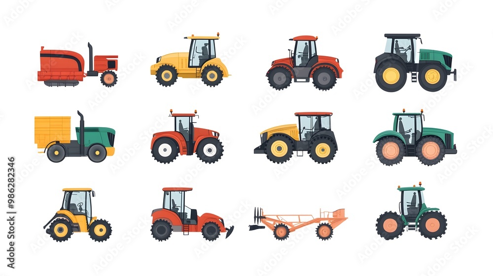 Set of vector illustrations, simple flat design cartoon-style illustrations of different tractors and farm equipment, white background, colorful, minimalistic, high resolution Set of vector illustrations, simple flat design cartoon-style illustrations of different tractors and farm equipment, white background, colorful, minimalistic, high resolution
