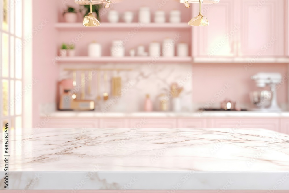 White marble kitchen tabletop with empty space over blurred beautiful pastel pink kitchen room with generative ai