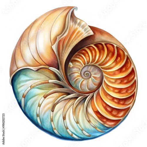 Macro photography of a nautilus shell cut in half, an ancient pelagic marine mollusk of the cephalopod family Nautilidae. isolated on a white background with space for text