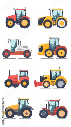 Set of vector illustrations, simple flat design cartoon-style illustrations of different tractors and farm equipment, white background, colorful, minimalistic, high resolution