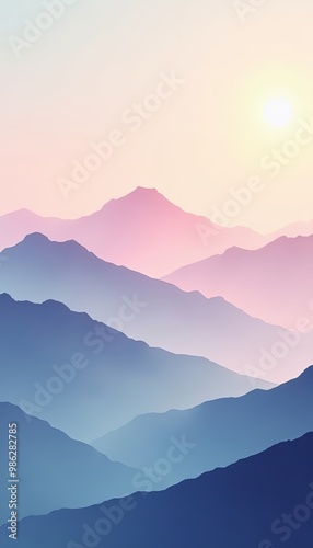 Minimalist Mountain Artwork in Soft Pink and Blue Tones