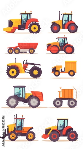 Set of vector illustrations, simple flat design cartoon-style illustrations of different tractors and farm equipment, white background, colorful, minimalistic, high resolution