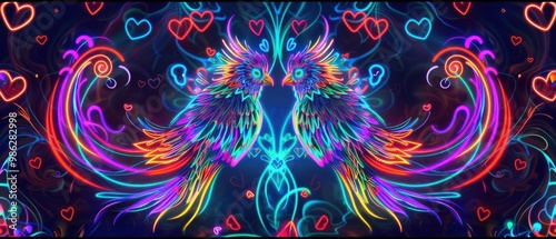 An abstract, psychedelic image of two lovebirds, their feathers glowing in vibrant colors, surrounded by swirling hearts, neon art style