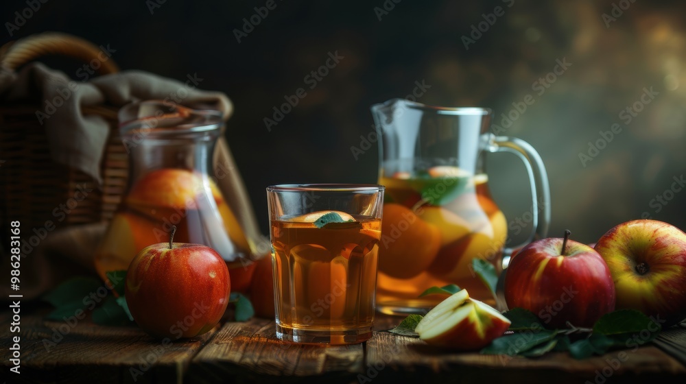 Fresh apple juice cider in glass with apple fruit Fresh apple juice cider in glass with apple fruit