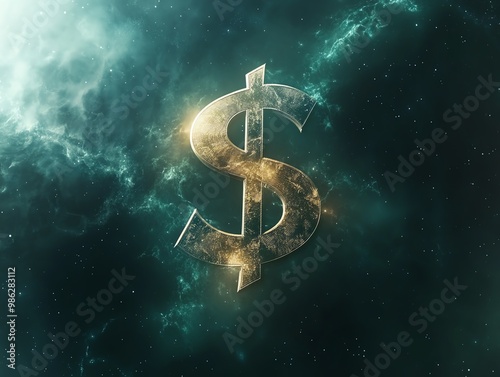 Futuristic dollar sign in outer space, representing value, wealth, and futuristic financial concepts in a cosmic, galactic setting. photo