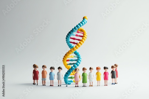 Colorful miniature people around a large DNA model, symbolizing genetics, diversity, and human connection.