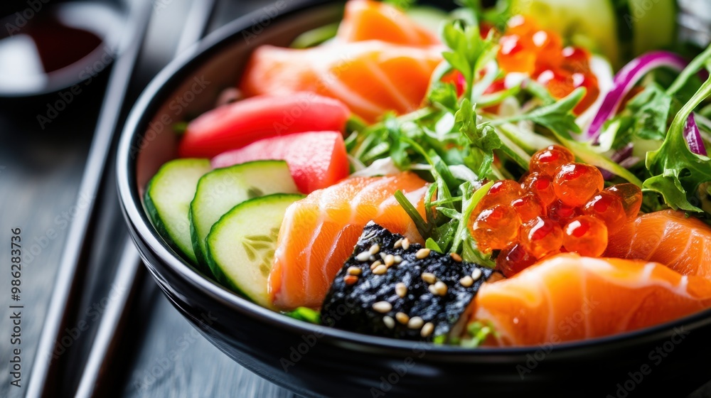 Delicious poke bowl with salmon, rice, red caviar, cucumber and nori seaweed Delicious poke bowl with salmon, rice, red caviar, cucumber and nori seaweed