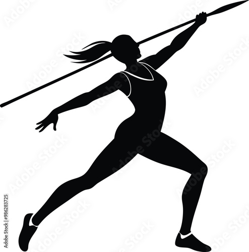 Woman javelin thrower silhouette, vector drawing illustration on black and white.