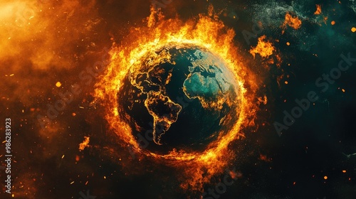 The planet Earth is engulfed in flames, representing the urgent threat of climate change and global warming.