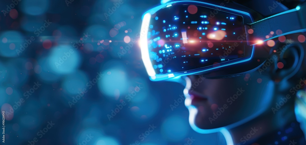 A futuristic figure wearing virtual reality goggles, immersed in a vibrant digital environment filled with glowing data particles. A futuristic figure wearing virtual reality goggles, immersed in a vibrant digital environment filled with glowing data particles.
