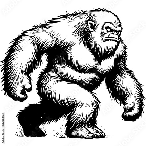 black and white illustration of a yeti