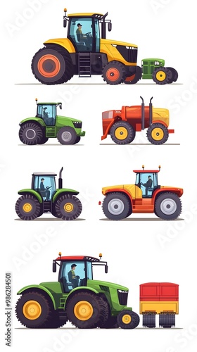 Set of vector illustrations, simple flat design cartoon-style illustrations of different tractors and farm equipment, white background, colorful, minimalistic, high resolution