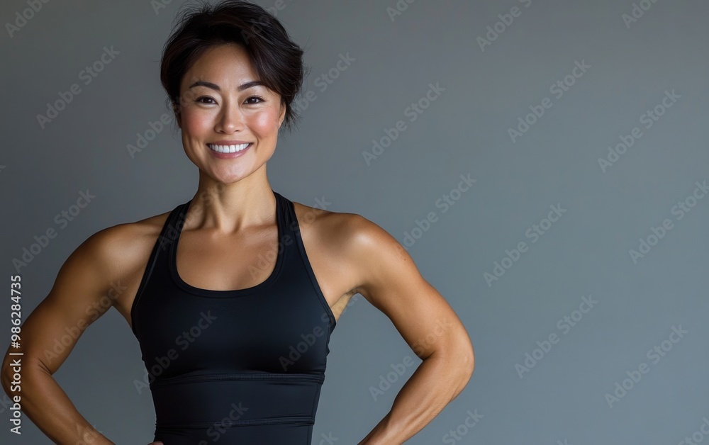 Confident Asian Woman in Yoga Outfit Smiling with Hand on Hip – Minimalist Fitness Style
Confident Asian Woman in Yoga Outfit Smiling with Hand on Hip – Minimalist Fitness Style