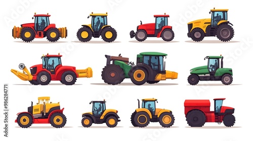 Set of vector illustrations, simple flat design cartoon-style illustrations of different tractors and farm equipment, white background, colorful, minimalistic, high resolution