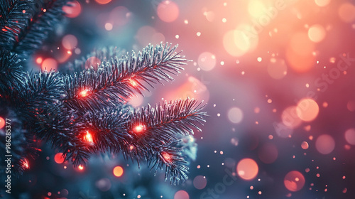 Christmas tree branches with white fluffy snow and bokeh lights on a blurred background, a Christmas card banner, with copy space.