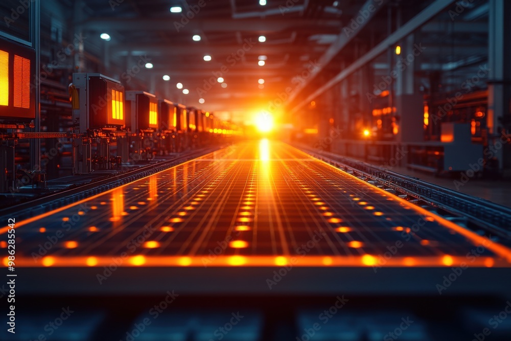 Industrial Factory Production Line with Orange Glow Industrial Factory Production Line with Orange Glow