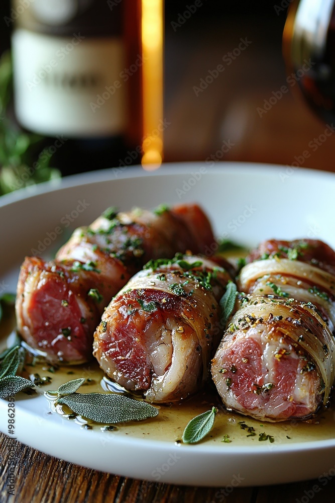 Saltimbocca: Veal wrapped in prosciutto and sage, cooked in white wine. Saltimbocca: Veal wrapped in prosciutto and sage, cooked in white wine.