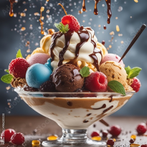 Colorful sundae with multiple ice creams whipped cream chocolate syrup fresh fruit and sprinkles. photo