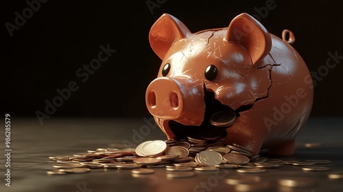 Broken piggy bank with scattered coins, symbolizing financial challenges, savings, and economic hardship.
