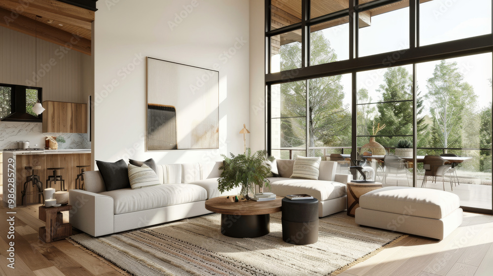 Fototapeta premium A contemporary living room featuring mix of textures, large windows, and natural light. space is inviting and stylish, perfect for relaxation and social gatherings