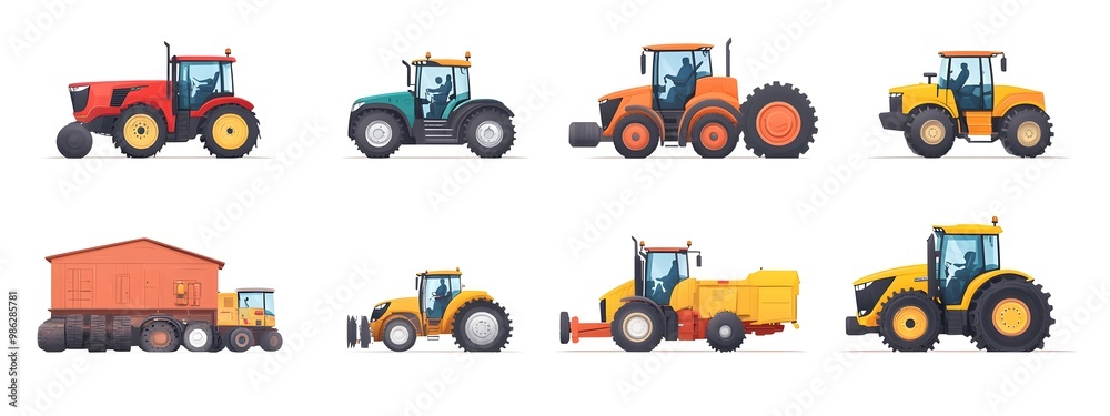 Set of vector illustrations, simple flat design cartoon-style illustrations of different tractors and farm equipment, white background, colorful, minimalistic, high resolution Set of vector illustrations, simple flat design cartoon-style illustrations of different tractors and farm equipment, white background, colorful, minimalistic, high resolution