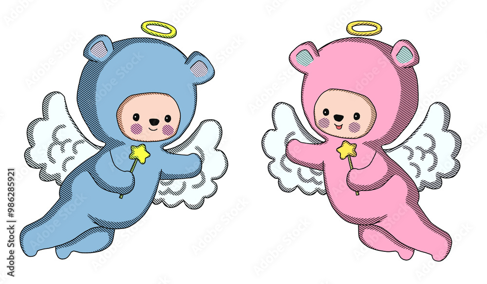 Little bears angels baby , couple angels wish you Merry Christmas and happy new year greeting card. retro style . halftone print. cute character . transparent background. Little bears angels baby , couple angels wish you Merry Christmas and happy new year greeting card. retro style . halftone print. cute character . transparent background.