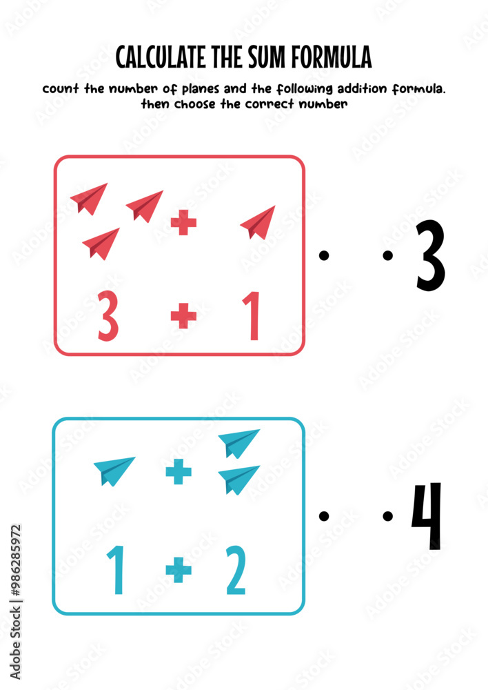 worksheet for kids, learn to add numbers with the help of paper airplane illustrations, choose the right number worksheet for kids, learn to add numbers with the help of paper airplane illustrations, choose the right number