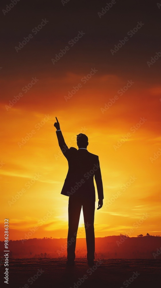 Silhouette of a man in a suit pointing upwards against an orange sunset, symbolizing ambition and aspiration. Silhouette of a man in a suit pointing upwards against an orange sunset, symbolizing ambition and aspiration.