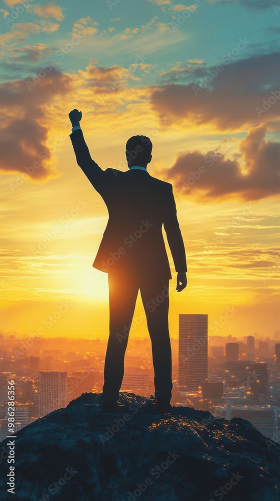 Fototapeta premium Silhouette of a triumphant businessman standing on a mountain peak against a beautiful sunset over the city skyline.
