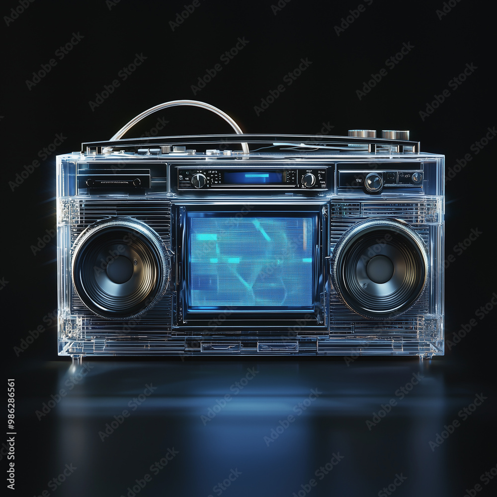 Retro boombox with neon blue screen glowing against a dark background.
Retro boombox with neon blue screen glowing against a dark background.
