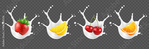 Realistic set of fruits with milk or yogurt splash. Strawberry, lemon, cherry, orange fruit.