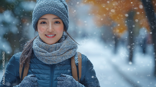 A photorealistic image of a middle-aged asian woman jogging along a snow-covered path in Central Park, New York City, dressed in appropriate winter workout gear. 