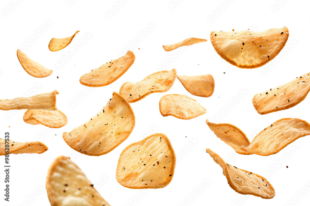Potato crackers flying isolated Potato crackers flying isolated