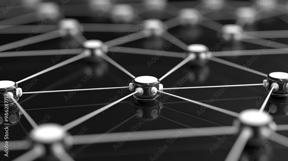 A close-up view of interconnected nodes on a dark background illustrating network design and functionality in technology A close-up view of interconnected nodes on a dark background illustrating network design and functionality in technology